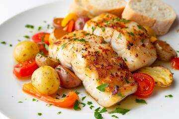 Delicious Alaska Pollock a la Plancha with Sautéed Bell Peppers and Roasted Tomatoes