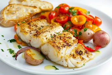 Golden-Brown Crusted Alaska Pollock with Sautéed Bell Peppers and Roasted Potatoes