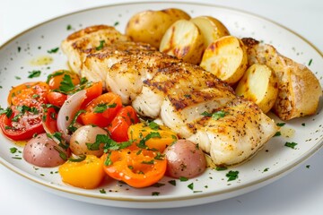 Seared Alaska Pollock with Sautéed Bell Peppers and Roasted Tomatoes