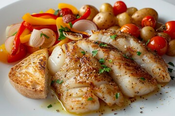 Savory Alaska Pollock Fillets with Sautéed Bell Peppers and Roasted Tomatoes