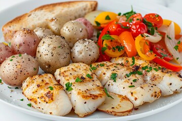 Seared Alaska Pollock Fillets with Vibrant Bell Peppers and Roasted Tomatoes