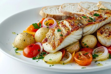 Crispy Alaska Pollock a la Plancha with Sautéed Bell Peppers and Roasted Vegetables