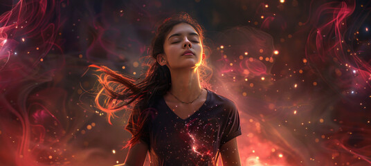 A woman meditating with her hair flowing in the wind, against a background of a dark sky and stars.