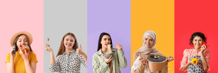 Group of young women with tasty food on color background