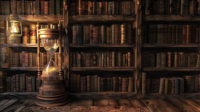 An ancient hourglass with a collection of ancient books in the background