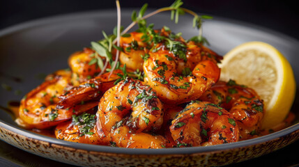 A plate of deliciously seared shrimp, golden brown and perfectly cooked with vibrant colors from rich hues of orange to deep reds, garnished on top with fresh herbs.