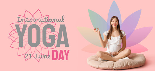 Young pregnant woman meditating on pouf against pink background