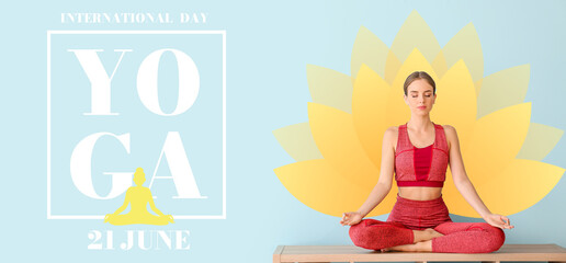 Young woman practicing yoga on color background