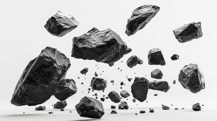 A group of floating rocks flying in the air, in a 3d rendering with a white background, depicting a large meteorite broken into several pieces and flying through space.