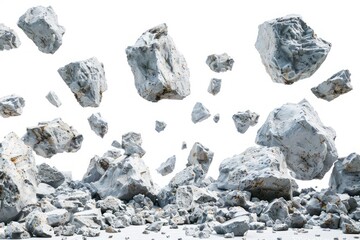Floating rocks, falling stones from the sky, and broken rocks, in a 3d render against a white background.