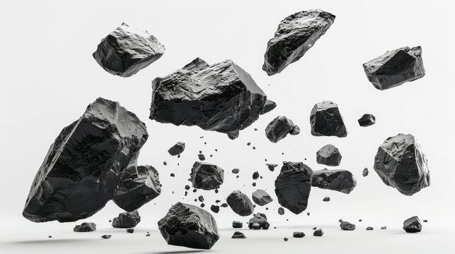 A group of floating rocks flying in the air, in a 3d rendering with a white background, depicting a large meteorite broken into several pieces and flying through space.