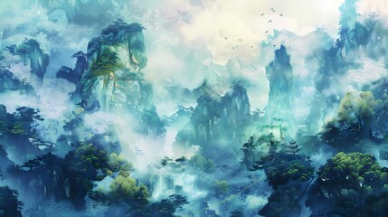 Obraz premium Green and white jade carving landscape painting poster background