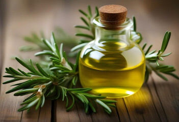 A bottle of rosemary oil on a wooden background with fresh rosemary sprigs