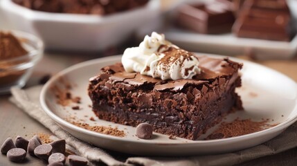 Fototapeta na wymiar Decadent Chocolate Brownie with Whipped Cream