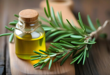 A bottle of rosemary oil on a wooden background 