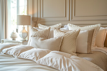 Tranquil Bedroom Featuring Minimalist Design, Warm Neutral Palette, Simple Decorative Objects, and Gentle Evening Light Creating a Soothing Ambiance.