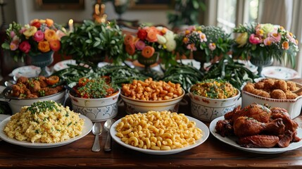 A shot of a table set for a Juneteenth feast, with platters of fried chicken, macaroni and cheese, collard greens, and other traditional dishes. - obrazy, fototapety, plakaty
