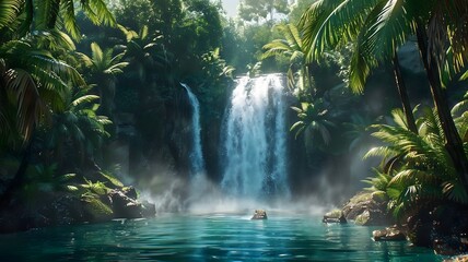  A majestic waterfall plunging into a hidden emerald pool, surrounded by lush tropical foliage. . 
