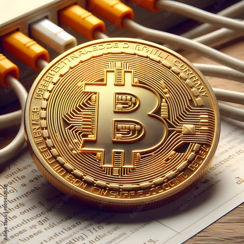 Poster bitcoin. cryptocurrency. golden coin with bitcoin symbol. 3d rendering generated by ai
