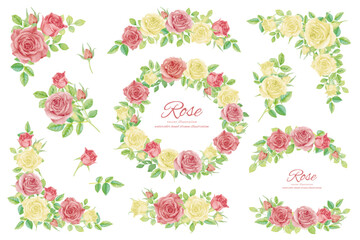 水彩で描いた白とピンクのバラのフレームセット