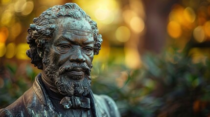 An image of a weathered statue of an African American historical figure, such as Frederick Douglass or Harriet Tubman.