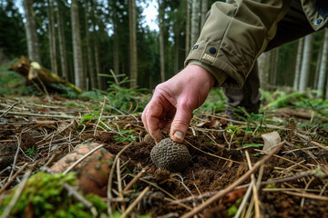 Hands unearth prized truffles from rich soil in lush forest grove.