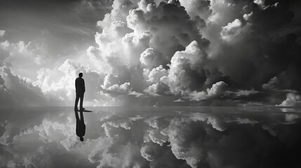 Obraz premium Above the clouds, alone man right under clouds on sky -