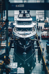 Workers assemble intricate components, building a bespoke luxury yacht in specialized workshop.