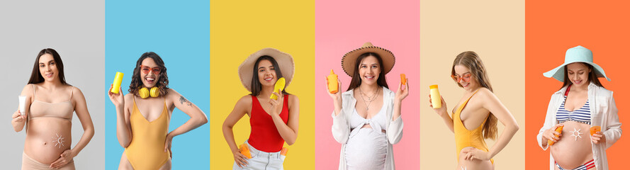 Collage of young women with sunscreen creams on color background