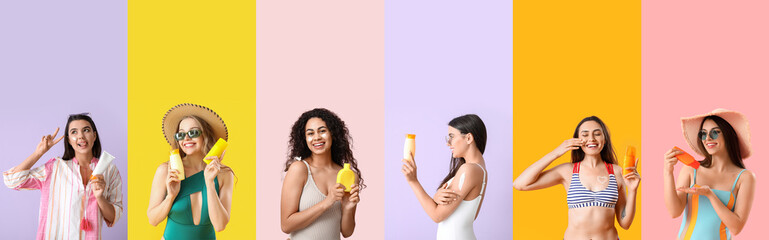 Collage of young women with sunscreen creams on color background