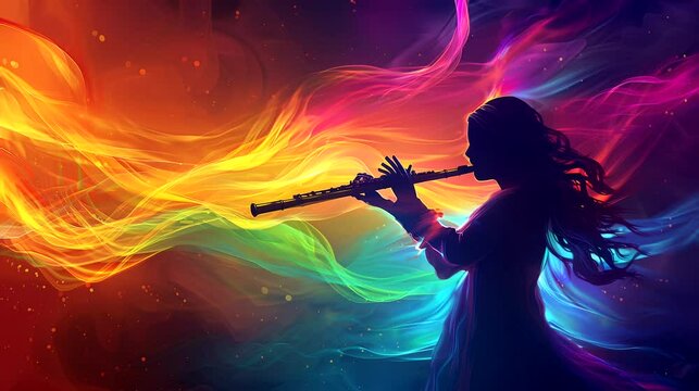 A Flutist silhouette with colorful aura, spiritual music. Anime or digital painting style, looping 4k video animation background