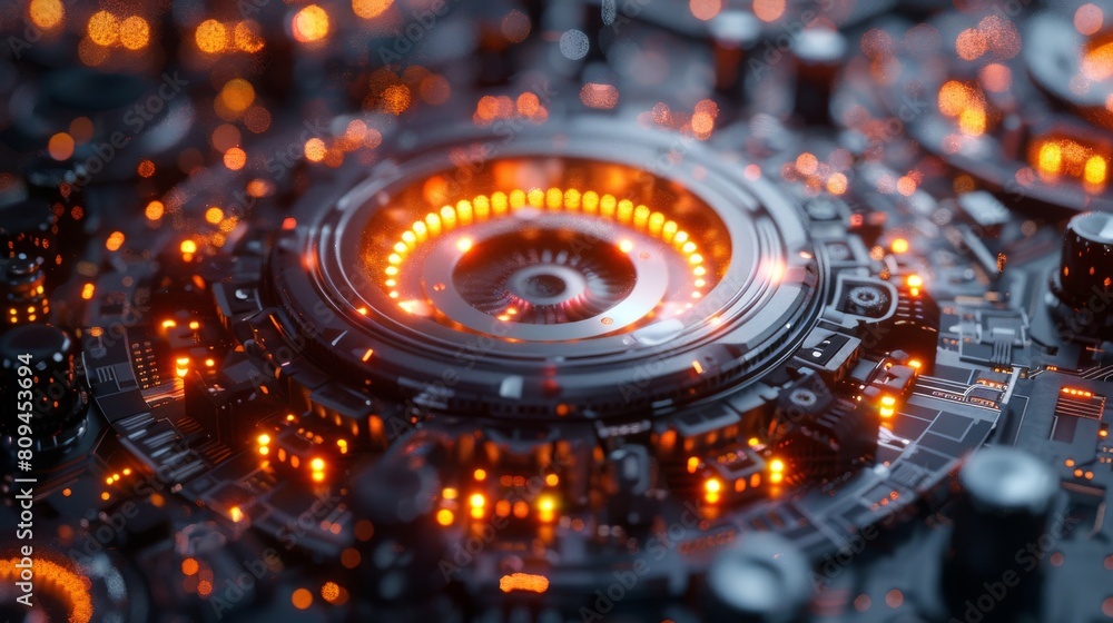 Poster close-up of a glowing quantum processor core in a high-tech lab setting, styled like a hyper-realist