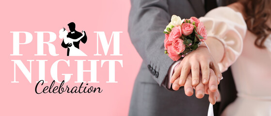 Young woman with corsage and her prom date holding hands on pink background, closeup © Pixel-Shot