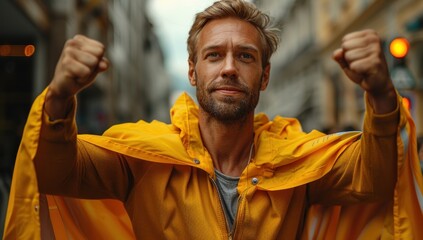 Create a mock superhero portrait of the yellow figure, complete with a billowing cape made of customer rating signs, striking a dynamic pose with fists clenched in triumph.