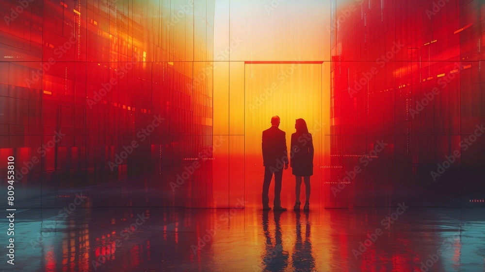 Poster conceptual scene showing two business people making a secure transaction through quantum encryption,
