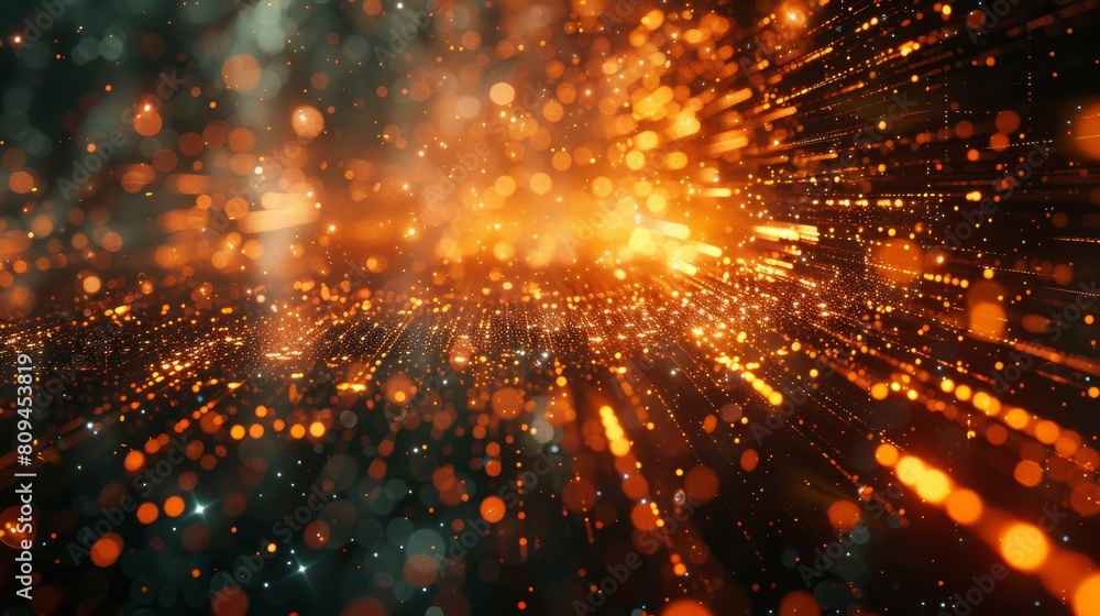 Poster complex, digital art scene depicting the visualization of a quantum algorithm in action, with floati