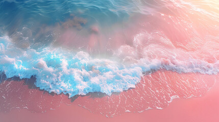 Fototapeta premium Aerial view of a tranquil pink sandy beach with turquoise waves gently lapping the shore