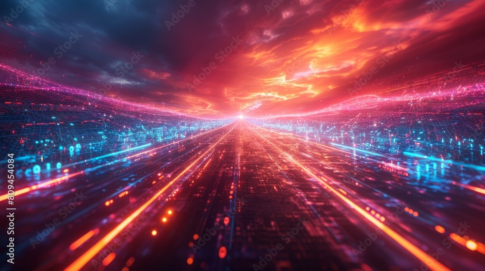 Poster dynamic scene in a futuristic style, featuring streams of quantum data flowing into a financial dash