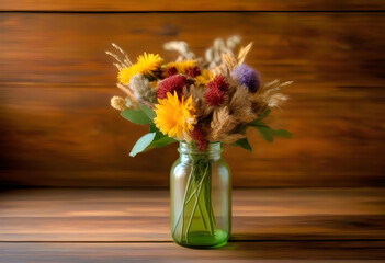 A table with a vase of colorful dried flowers and a blank space 