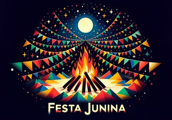 Illustration for festa junina with colorful bunting flags with bonfire in the night.
