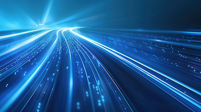 An abstract blue background with blurred stripes and light stripes on the horizon. The lines resemble a highway, with a focus on smooth curves that represent technology and communication concepts.