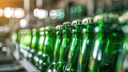 Close up of green glass beer bottles on the production line