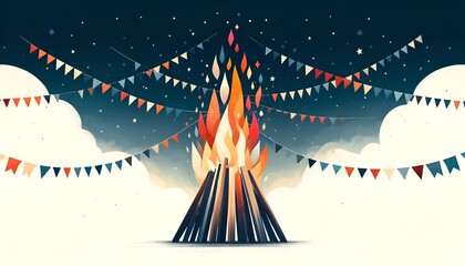 Illustration for festa junina with colorful bunting flags with bonfire.
