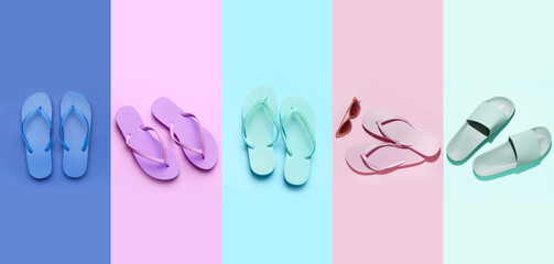 Collage of stylish flip-flops on color background