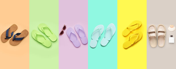 Set of stylish flip-flops on color background