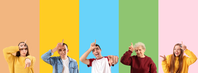 Collage of people showing loser gesture on color background