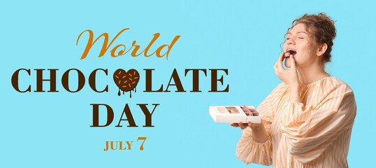 Young woman eating sweet candies on blue background. Banner for World Chocolate Day