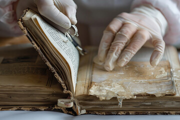 Artisan gently restores ancient book spine, preserving its historical significance.