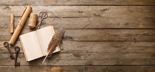 Old book with scrolls, feather and keys on wooden background with space for text