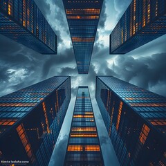 Soaring Skyscrapers Silhouetted Against Dramatic Stormy Sky Illuminated Structures Cutting Through